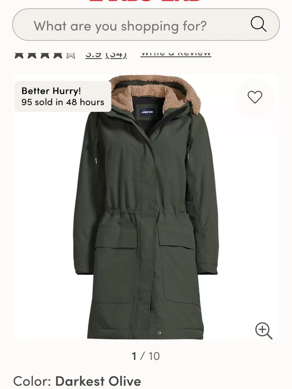 Lands' End Darkest Olive Faux-Sherpa Hooded Trench Coat. Worn one winter season.